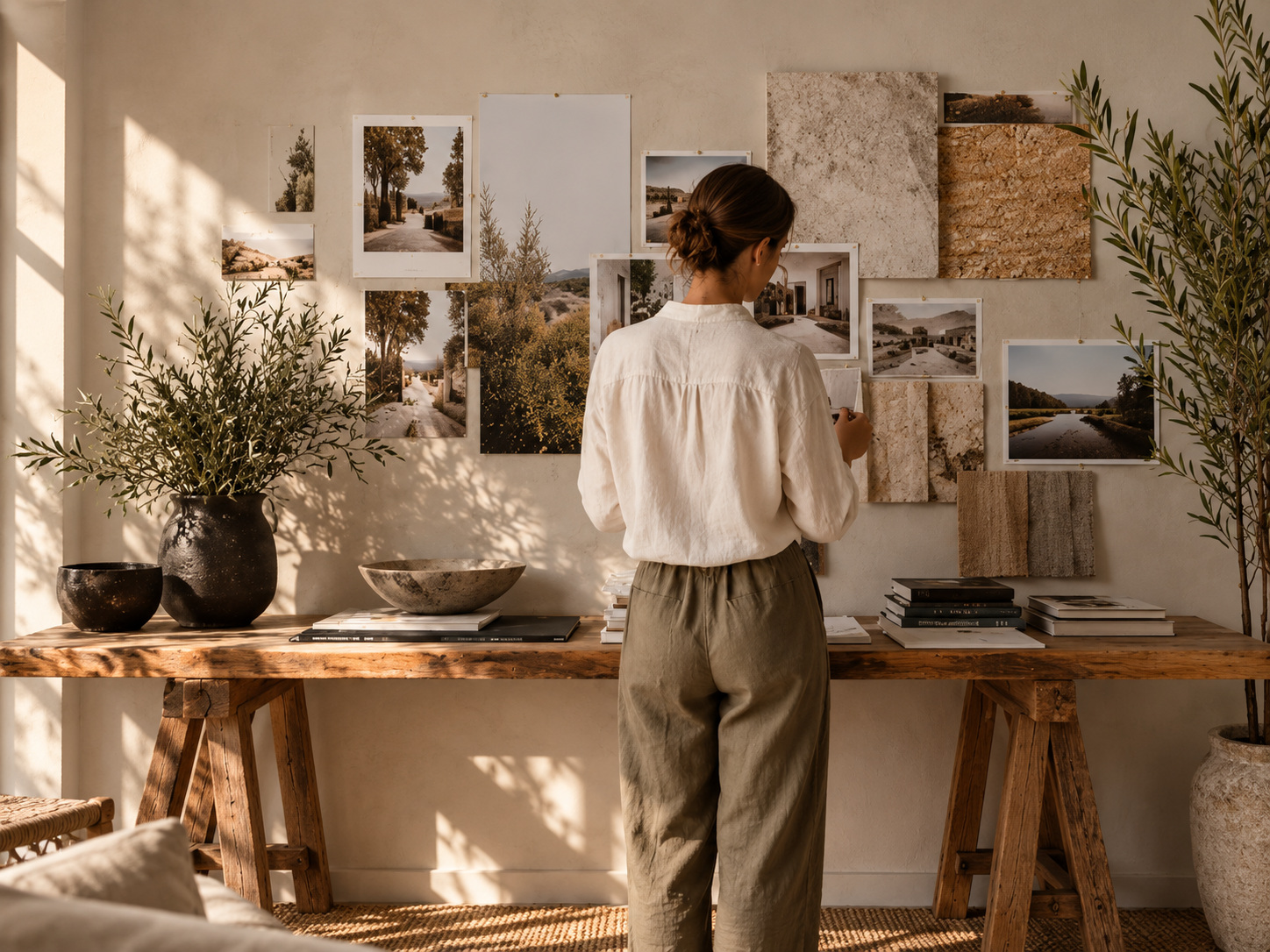 Dise&ntilde;adora preparando un panel de inspiraci&oacute;n con materiales naturales y luz lateral