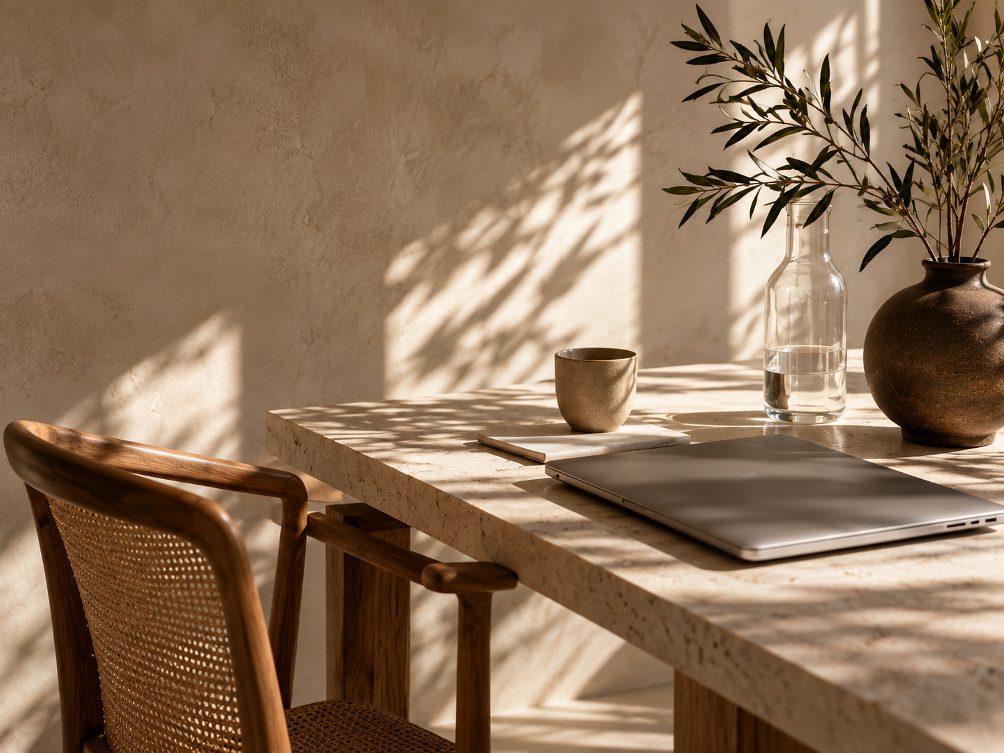 Escritorio mediterráneo con luz natural, materiales y vegetación