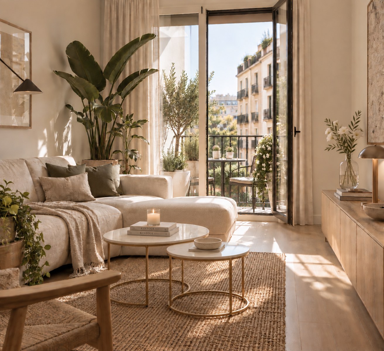 Interior luminoso con plantas y materiales naturales